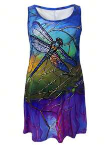 Vestido casual sin mangas para primavera y verano con estampado de libélula y talla grande, ropa de talla grande para mujeres
