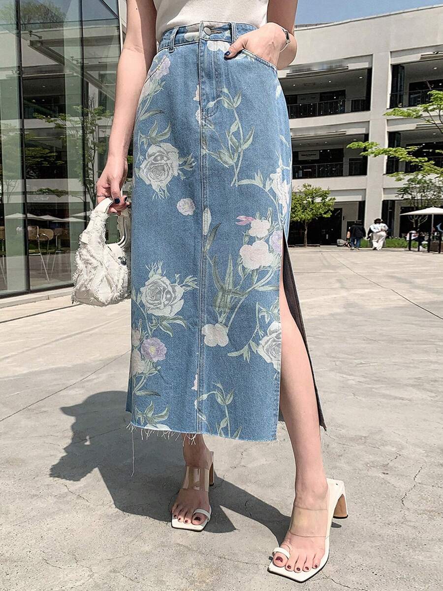 DAZY Váy denim xẻ tà bên hông in hoa thông thường mùa hè dành cho nữ - Rửa nhẹ - Xem 1