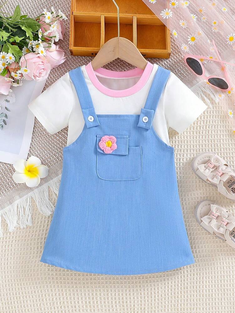 2pcs Baby Girls' Casual White Top Denim Dress Set
