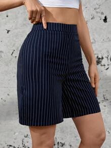 SHEIN Essnce Street-Style Ladies' Casual Elastic Waist Side Zipper Striped Shorts