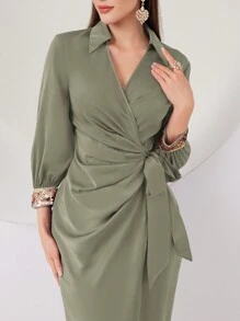 Modelyn Women's Glitter Lace-Up Pleated Solid Color Long Sleeve Dress For Daily Wear Long Evening Dresses