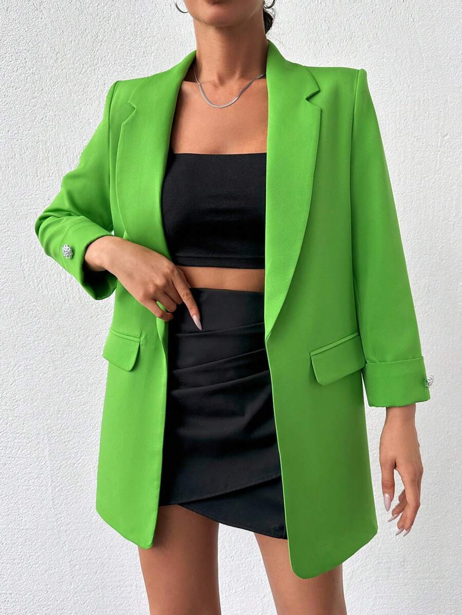 EURMUSE Women's Solid Color Suit Collar Fashion Workwear Blazer Jacket - Green - View 1