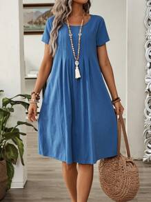 EMERY ROSE Women's Summer Pleated Short Sleeve Casual Dress Linen Dress