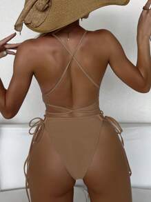 SHEIN Swim 夏季海灘交叉帶無背單件泳衣，適用於海灘假期 - 咖啡棕 - 查看 2