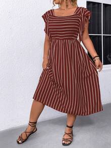 SHEIN LUNE Vestido diario impreso con patrón de líneas simple para mujeres de talla grande - Rojo - Ver 5