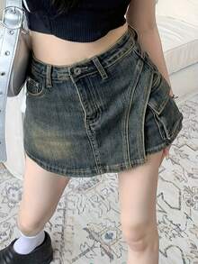 女士工装口袋不对称下摆休闲牛仔裤裙 - 藍色 - 查看 5