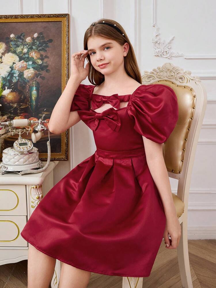Tween Girl Casual Square Neck Puff Sleeve Shirt And Skirt Set With Bow Decor