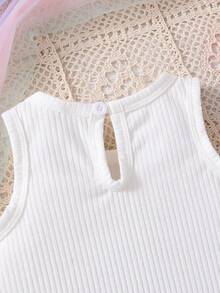 Baby Girl Cute White Top With Bear Embroidery And Colorful Checkered Mesh Fluffy Skirt Set - Multicolor - View 7