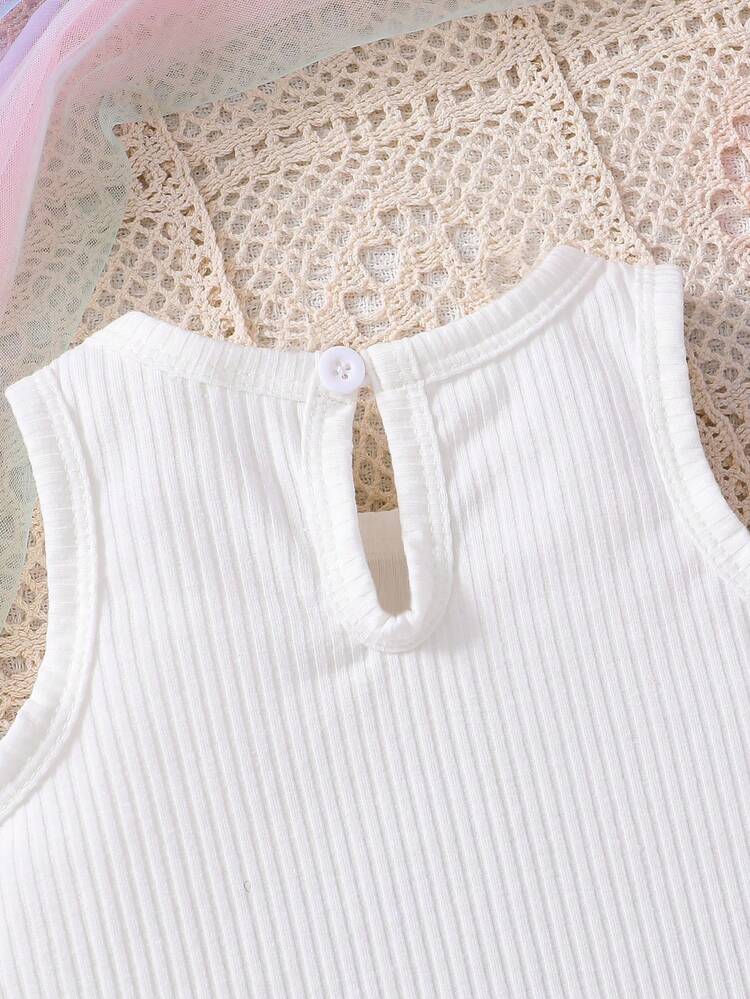 Baby Girl Cute White Top With Bear Embroidery And Colorful Checkered Mesh Fluffy Skirt Set