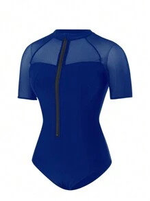 Swim SPRTY Women's Beach Surfing Net Mesh Splice One Piece Swimsuit, Vacation,Summer Beach - Navy Blue - View 6