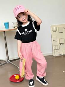 SHEIN Young Girl Casual Solid Color Drawstring Jogger Pants, Summer - Multicolor - View 1
