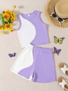 SHEIN Tween Girl 2pcs Fashionable Colorblock Design Top And Shorts Set - Mauve Purple - View 1