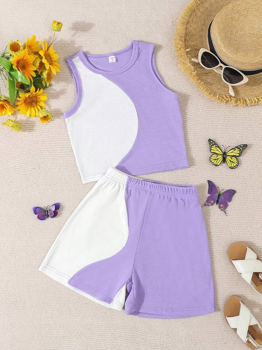 SHEIN Tween Girl 2pcs Fashionable Colorblock Design Top And Shorts Set - Mauve Purple - View 1