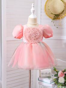 Vestido de Malha Fofa com Manga Bufante para Meninas Bebês - Rosa - Ver 1