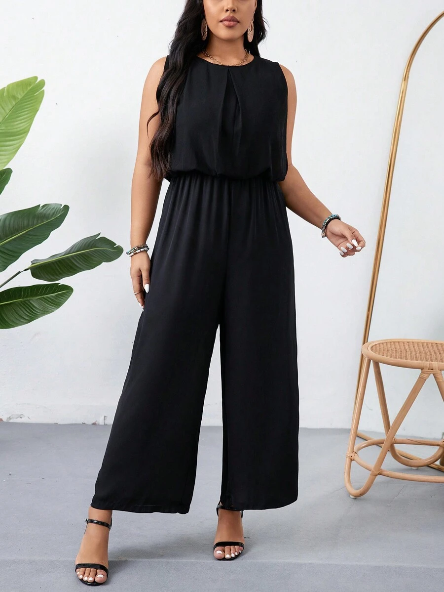 SHEIN LUNE Plus Size Black Sleeveless Jumpsuit With 2 In 1 Design For Summer Casual Outfits - Black - View 1