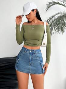 SHEIN PETITE 女士休閒牛仔A字裙，帶口袋，工裝風格 - 中等水洗藍 - 查看 4