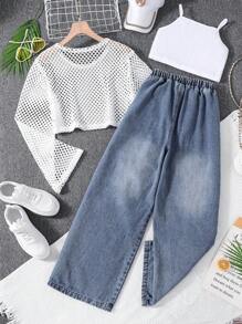 Teen Girl Fashionable Summer Top And Jeans Two Pieces Set, Simple And Concise Style,Holiday,Summer,Travel - Medium Wash - View 2