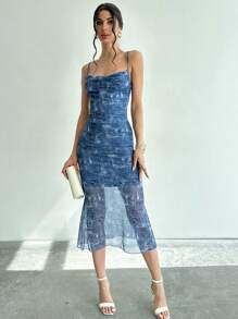 Firerie Elegante vestido de malla con cuello de tirantes, ajuste delgado y estampado floral para mujer, ideal para vacaciones y citas