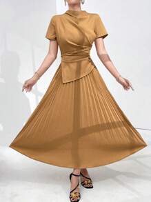 Modelyn Đầm cổ đứng tay ngắn màu trơn thời trang cho nữ - Màu Khaki - Xem 3