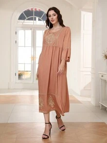 Elegant Arabic Dress With Heavy Gold Embroidery, JALABIA Round Neck With Patchwork Ruffle Mid-Sleeves, Traditional Design, Spring/Summer 2025, RAMADAN, Eid Al Adha - Brown - View 3