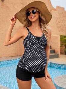 SHEIN Maternity Summer Beach Vacation Pool Polka Dot Print Tankini Set, Maternity Bathing Suit - Black and White - View 5