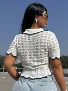 Flirla Fashionable High-End Design Hollow-Out Knit Top With Polo Collar - White - View 4