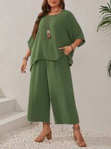 EMERY ROSE Ensemble de chemise à manches chauve-souris pour femmes grandes tailles bleu foncé à encolure ronde et de pantalon large avec poches pour l'été