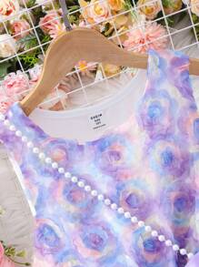 Tween Girls' Floral Printed Sleeveless Mesh Splice Dress With Bag - Purple - View 6