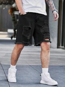 Manfinity LEGND Men Loose Fit Ripped Raw Hem Denim Shorts Distressed Design Jorts