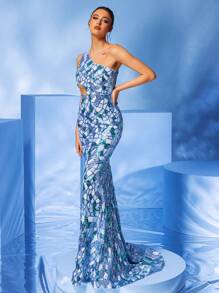 One-Shoulder Light Blue Glitter Evening Dress - Baby Blue - View 1