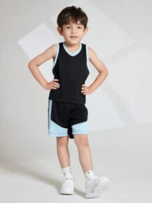 Young Boys' V-Neck Contrast Trim Tank Top And Shorts Summer Sports Outfits - Black - View 3