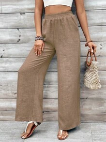 EMERY ROSE Quần ống rộng lưng thun màu trơn có túi để mặc thường ngày cho nữ - Màu Khaki - Xem 3