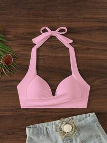 SHEIN Swim 純色露肩頸比基尼上衣，適用於海灘假期 - 淺粉色 - 查看 5