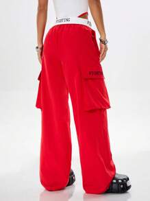 SHEIN EZwear 刺繡口袋設計休閒工作裝束褲，適用於日常穿著 - 紅白色 - 查看 2