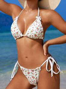 SHEIN Swim 女士系带侧比基尼套装随机印花设计夏季海滩度假比基尼套装 - 彩色 - 查看 6