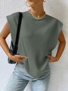SHEIN Essnce Solid Color Cap Sleeve Knitted Round Neck T-Shirt - Green - View 3