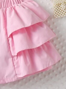 SHEIN Explorewe 少女夏季可愛的2件套裝，打結飾邊背心和褶邊拼接短褲 - 粉色 - 查看 6