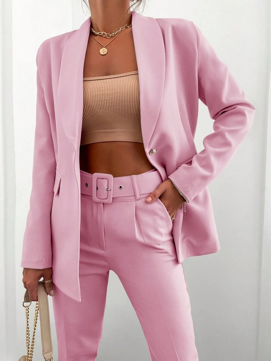 EURMUSE Áo khoác và quần dài tay đơn màu trơn dành cho nữ, Bộ đồ đi làm hàng ngày - Màu Hồng baby - Xem 1