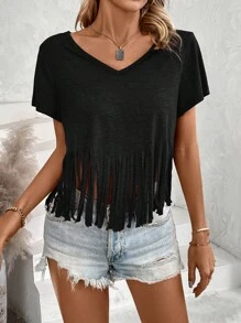 SHEIN LUNE 女士時尚流蘇純色短袖T恤 - 黑色 - 查看 3