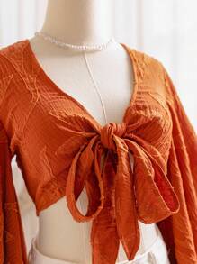 Soleia Women's Hippie Music Festival Brown Willow Branch Texture Open Front Tie Knot Flare Sleeve Ruffle Cuff Blouse