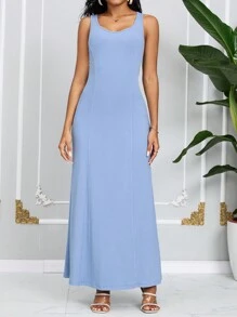 SHEIN Lady Women's Gray-Blue Long Dress Top And Short Sweater Knit Ribbed Two-Piece Set - Blue - View 3