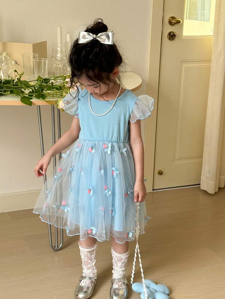 Young Girl Sky Blue Floral Embroidery Patch Mesh Square Neckline Cap Sleeve Handbag Dress