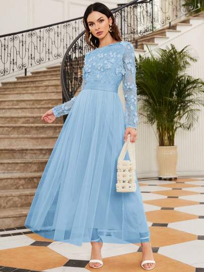 SHEIN Belle 刺绣贴花和网眼撞色伴娘礼服优雅长袖正式晚会舞会婚礼宾客礼服，适合毕业典礼、晚宴派对