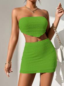 SHEIN PETITE Tie Back Crop Tube Top With Two Pieces Set Mini Skirt - Mint Green - View 5