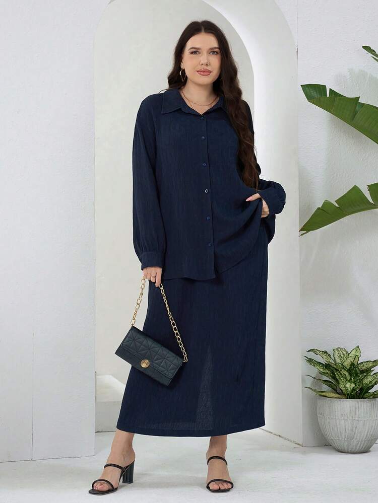 Plus Size Solid Color Long Sleeve Button-Down Shirt And Knee-Length Skirt Set