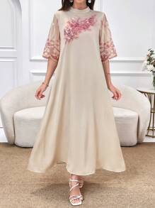 Al Najma Váy Abaya thanh lịch tay ngắn lưới hoa lấp lánh cổ đứng cho nữ, váy Jalabiya tay ngắn, váy Maxi rộng rãi, váy Maxi dự tiệc tối thanh lịch - Nhiều màu - Xem 8