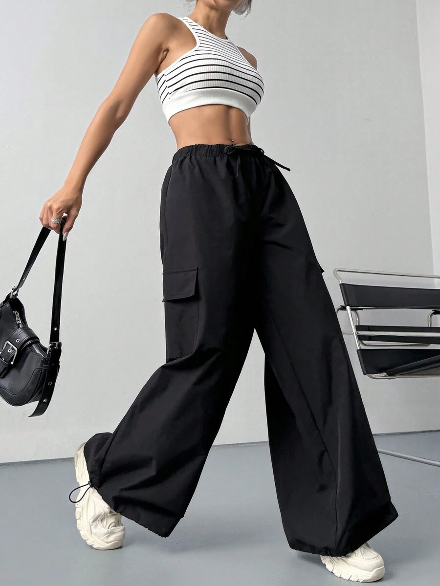 SHEIN EZwear Women's Woven Black
Casual Long Pants - Black - View 1