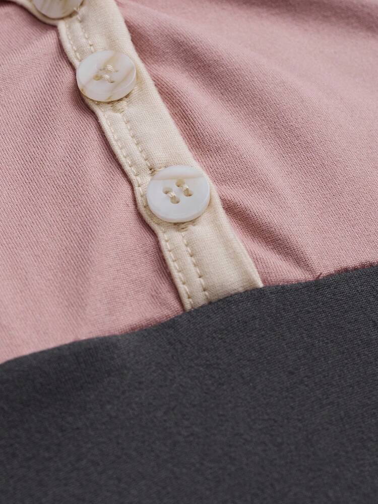 SHEIN LUNE Women's Summer V-Neck Multi-Color Patchwork Batwing Sleeve T-Shirt - Apricot - View 5