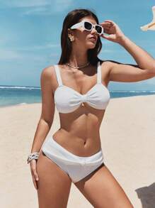SHEIN Swim 女士海滩度假纯色扭纹性感比基尼套装夏季 - 白色 - 查看 1