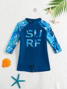 Baby Boy Resort Beach Botanical Print Patchwork One-Piece Swimsuit - Multicolor - View 1